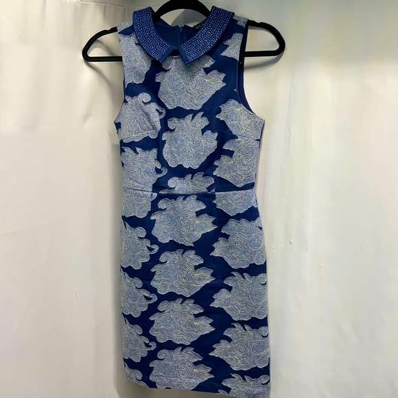 Anthropologie Dresses & Skirts - Anthropologie Embroidered Navy Floral Appliqué Beaded Collared Dress Size 0